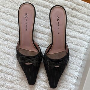 Anne Klein Black Pinstripe Mules with Bow